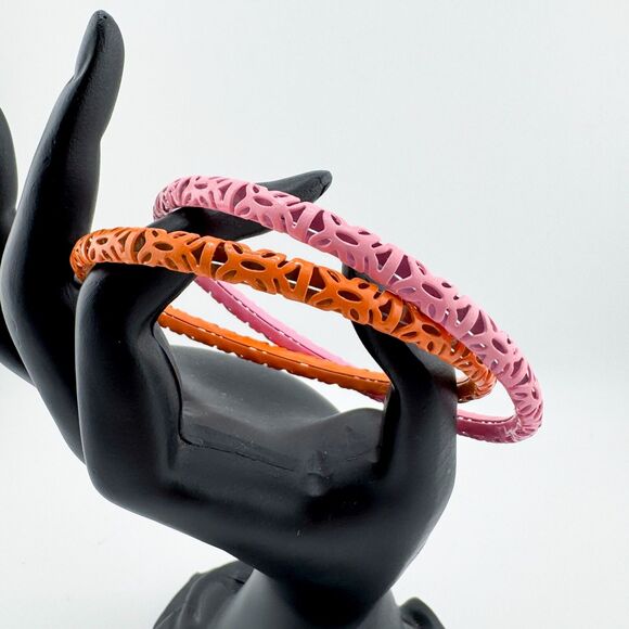 Vintage Orange Pink Enamel (2) Bangle Bracelets Cut-Out Design Retro Stackable - Picture 3 of 8